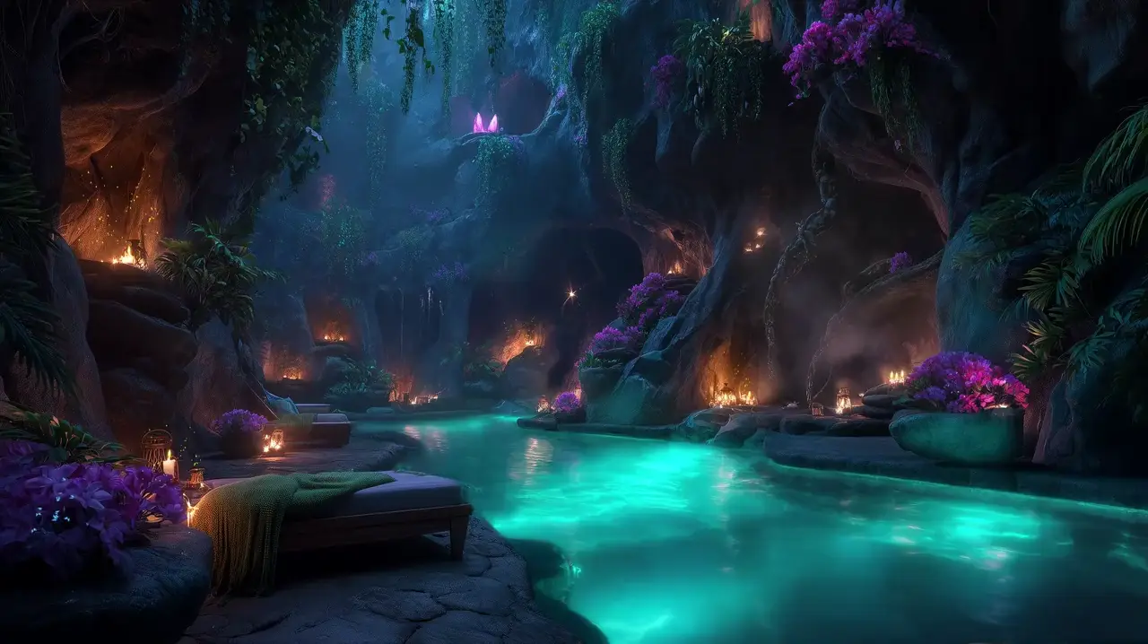 A cave pool at night, drops falling from the vault