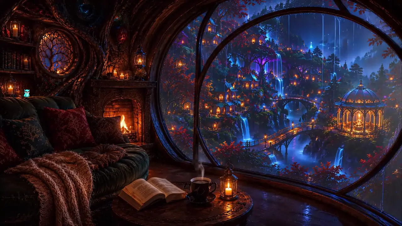 A round window with rain running down it, a book open in the cushions
