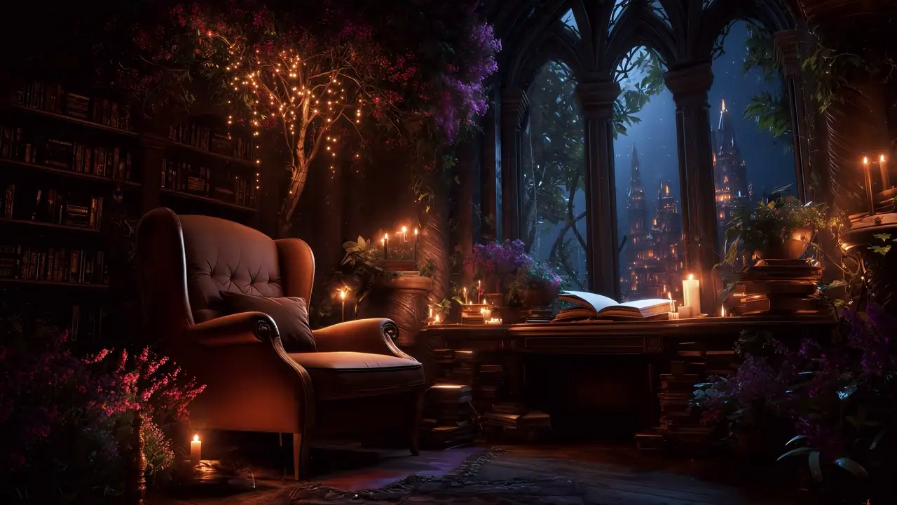 A library at night, rain running down the arched windows, a fire in the hearth
