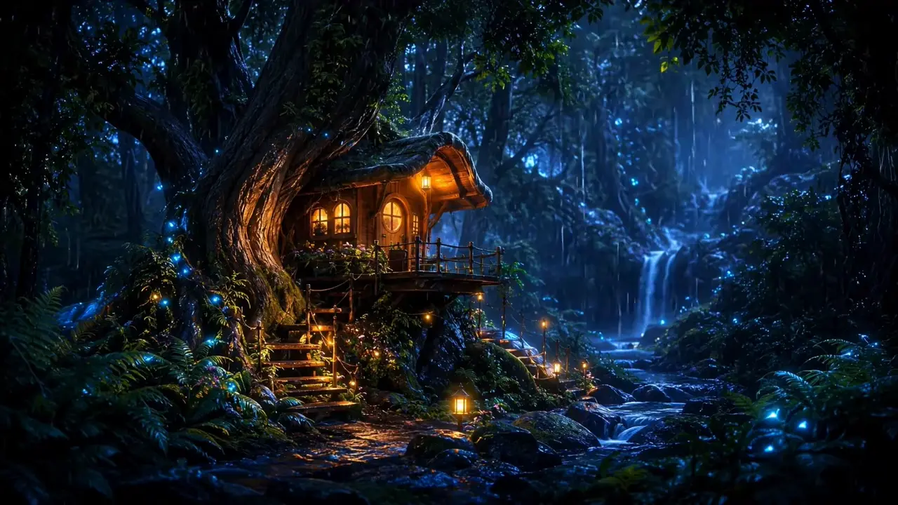 Une cabane dans un arbre, une cascade juste à côté