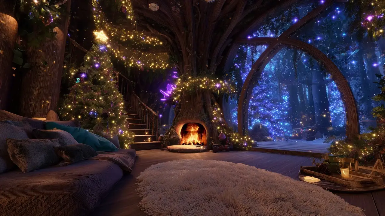 Une cabane dans un arbre au soir du Solstice, le sapin allumé et la neige dehors