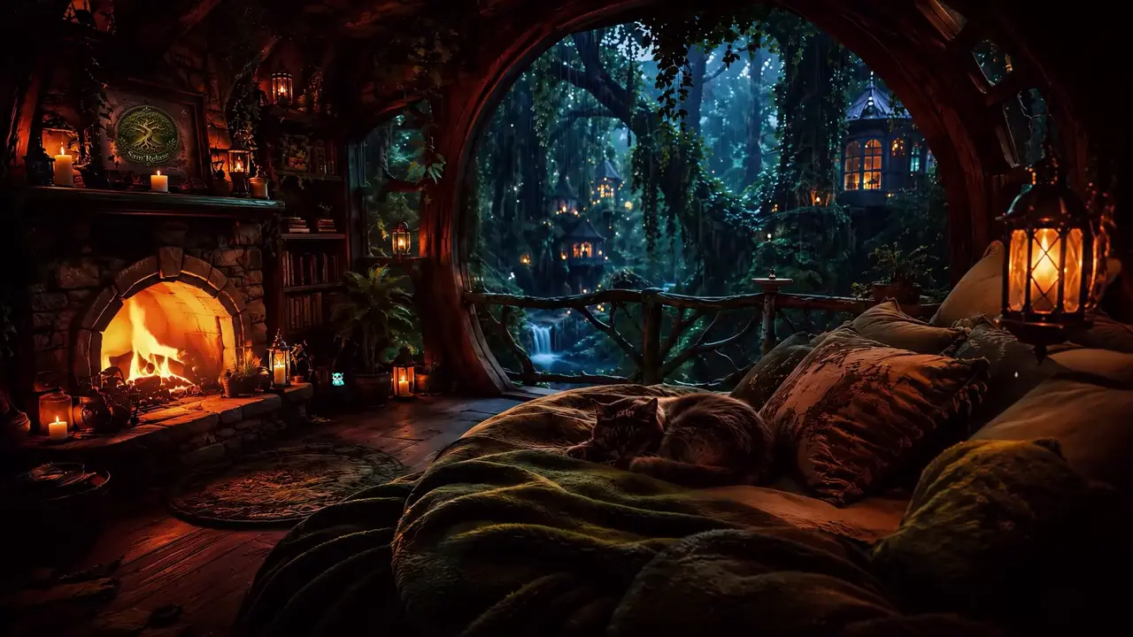 A cozy round bedroom, a low fire, rain on the roof