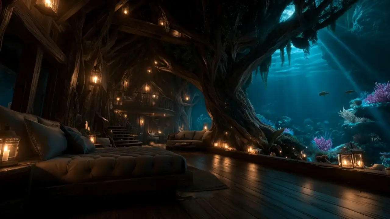 A bedroom beneath the sea, fish passing the glass, light coming from above