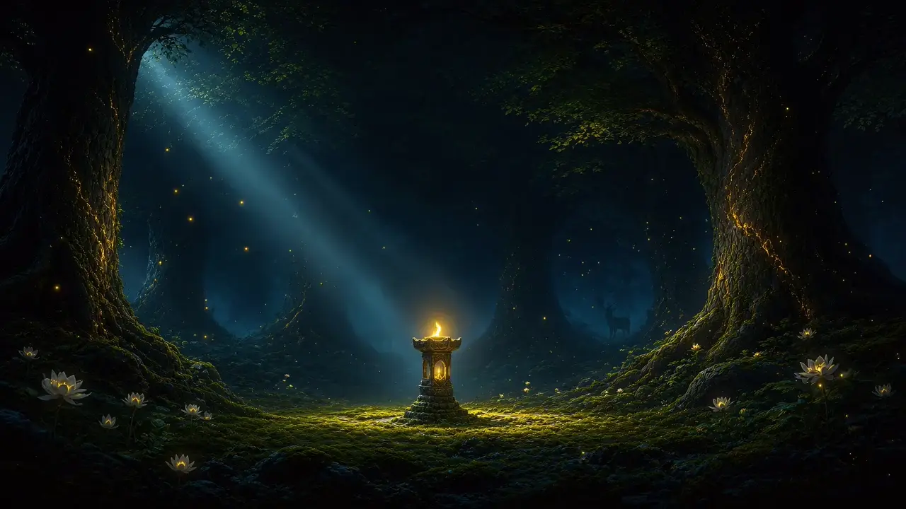 A clearing at night, a lantern set in the moss between two great trees