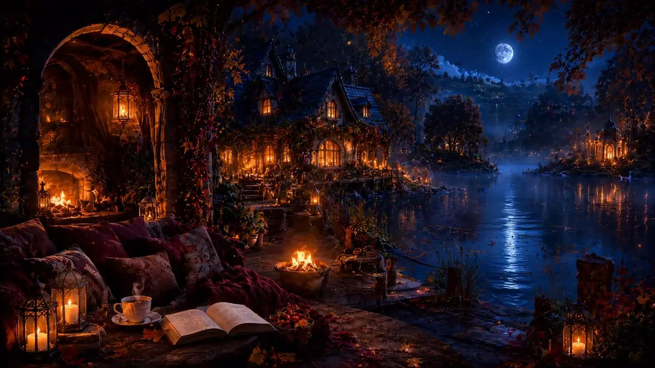 A cottage by a river at night, an arch of stone and a lit window