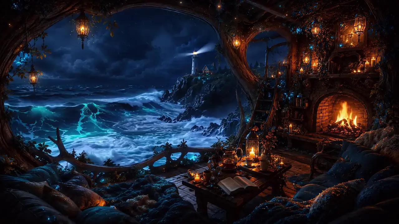 A cottage facing a stormy sea, the fire inside and the lighthouse beam outside