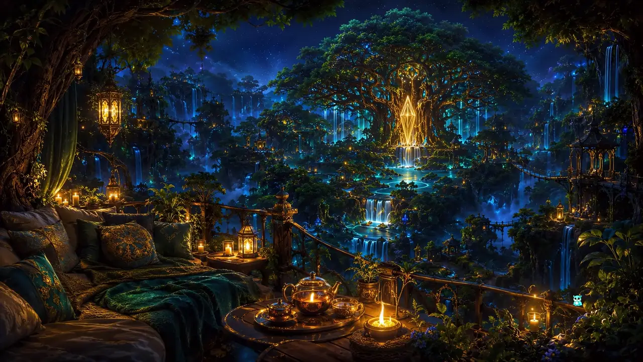 A lounge before a tree of light and waterfalls, a teapot within reach