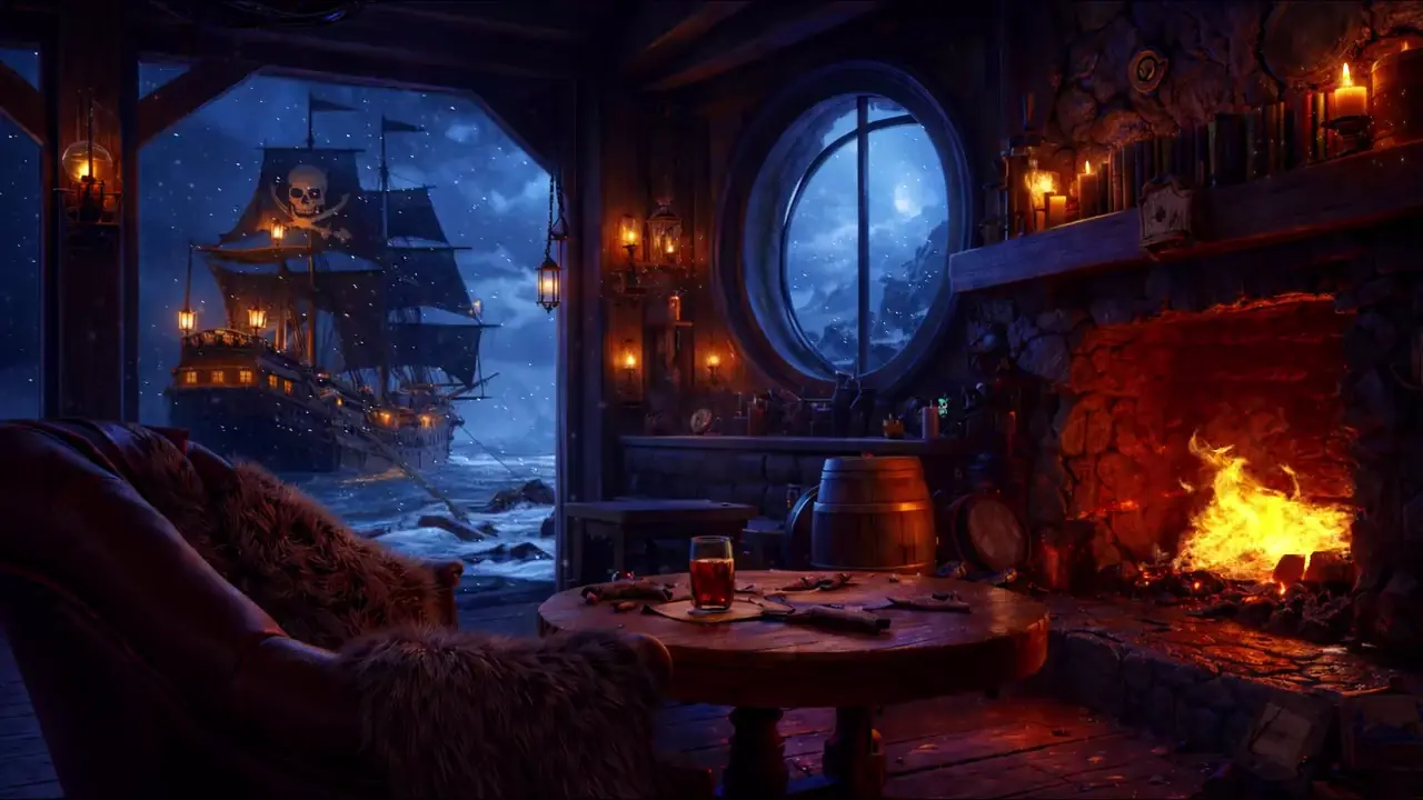 A pirate tavern at night: fire in the hearth, snow on the deck of the galleon outside