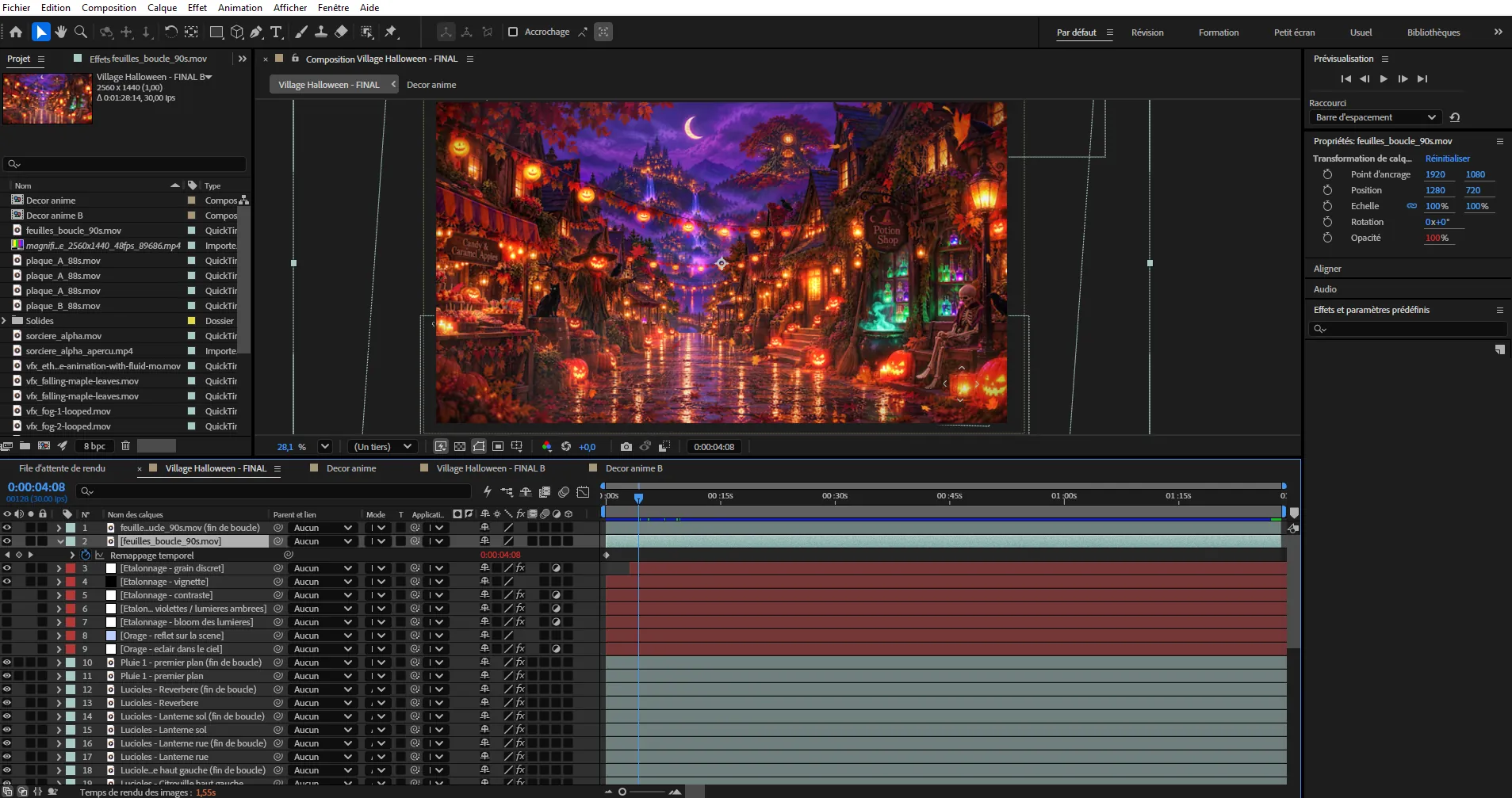 After Effects screenshot: the Halloween Village scene in the centre, the list of layers (leaves, colour grading, storm, rain, fireflies) and the timeline at the bottom.